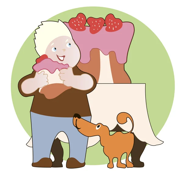 Tarta de fresas, muchacho y su perro — Vector stock © bonairina ...