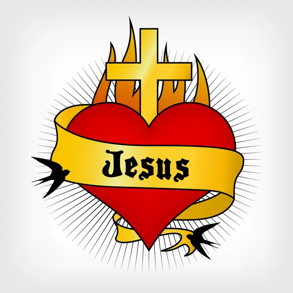 Tatuaje de corazón con espada y Jesús escrito en la etiqueta ...