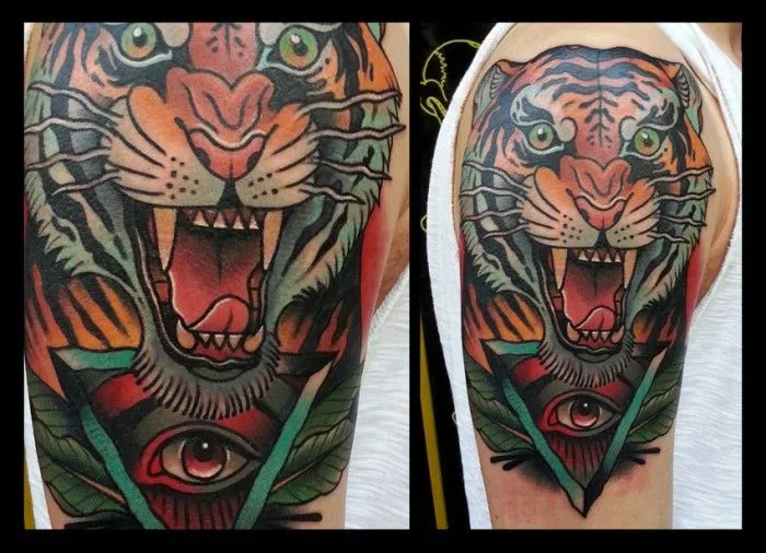 tatuaje neotradicional chica guapa con tigre en la cabeza ...