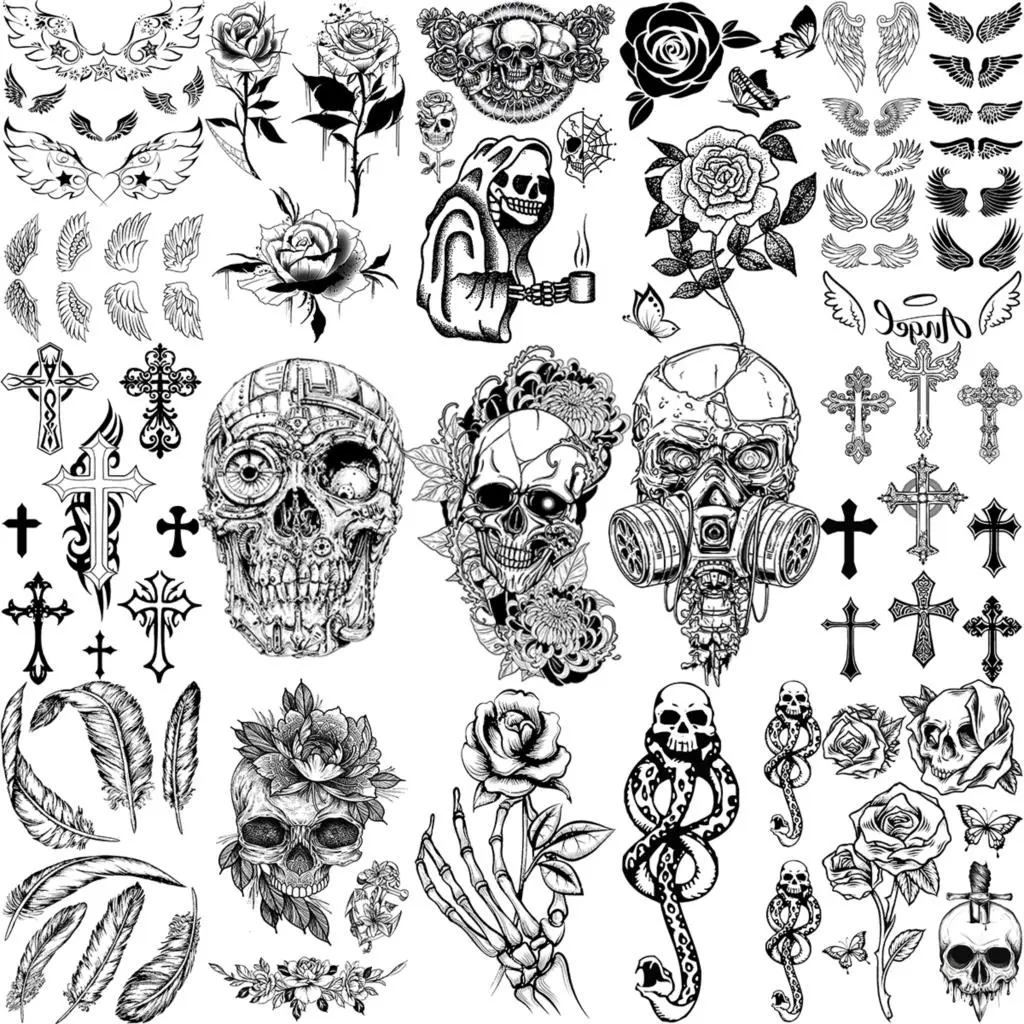 Tatuajes Temporales realistas de calavera y rosa para hombres y mujeres, tatuajes pequeños falsos para Halloween, tatuajes cruzados - AliExpress Tatuajes Temporales realistas de calavera y rosa para hombres y mujeres, tatuajes pequeños falsos para Halloween, tatuajes cruzados - AliExpress