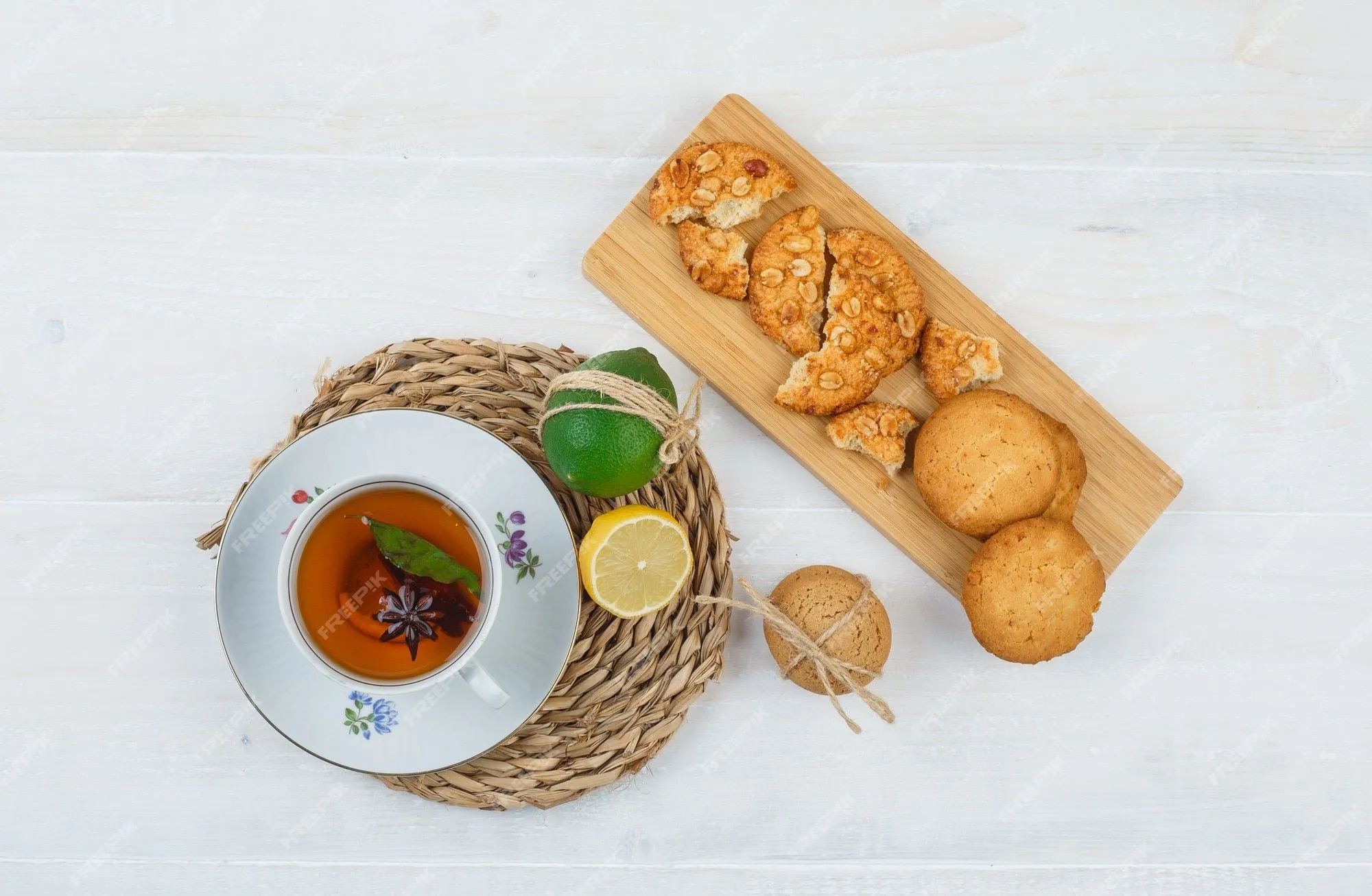 Taza de té y frutas cítricas con galletas en una tabla para cortar sobre un mantel redondo sobre superficie blanca | Foto Gratis Taza de té y frutas cítricas con galletas en una tabla para cortar sobre un mantel redondo sobre superficie blanca | Foto Gratis