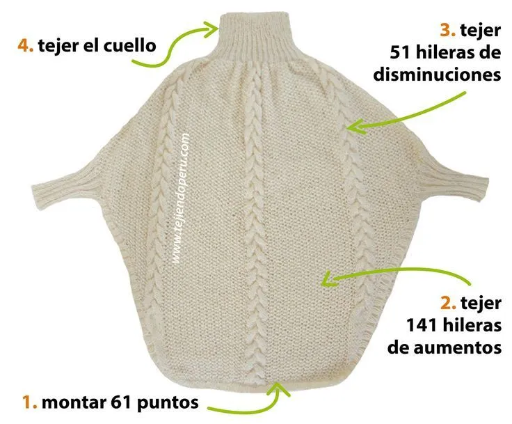 Cómo tejer un poncho con trenzas y mangas en dos agujas o palitos ...