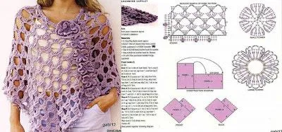 Tejido Facil: Patrón: Bellísimo poncho calado lila con flores Tejido Facil: Patrón: Bellísimo poncho calado lila con flores