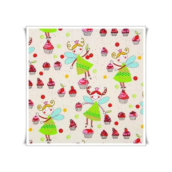 Tela con dibujos de hadas y princesas jugando con madalenas