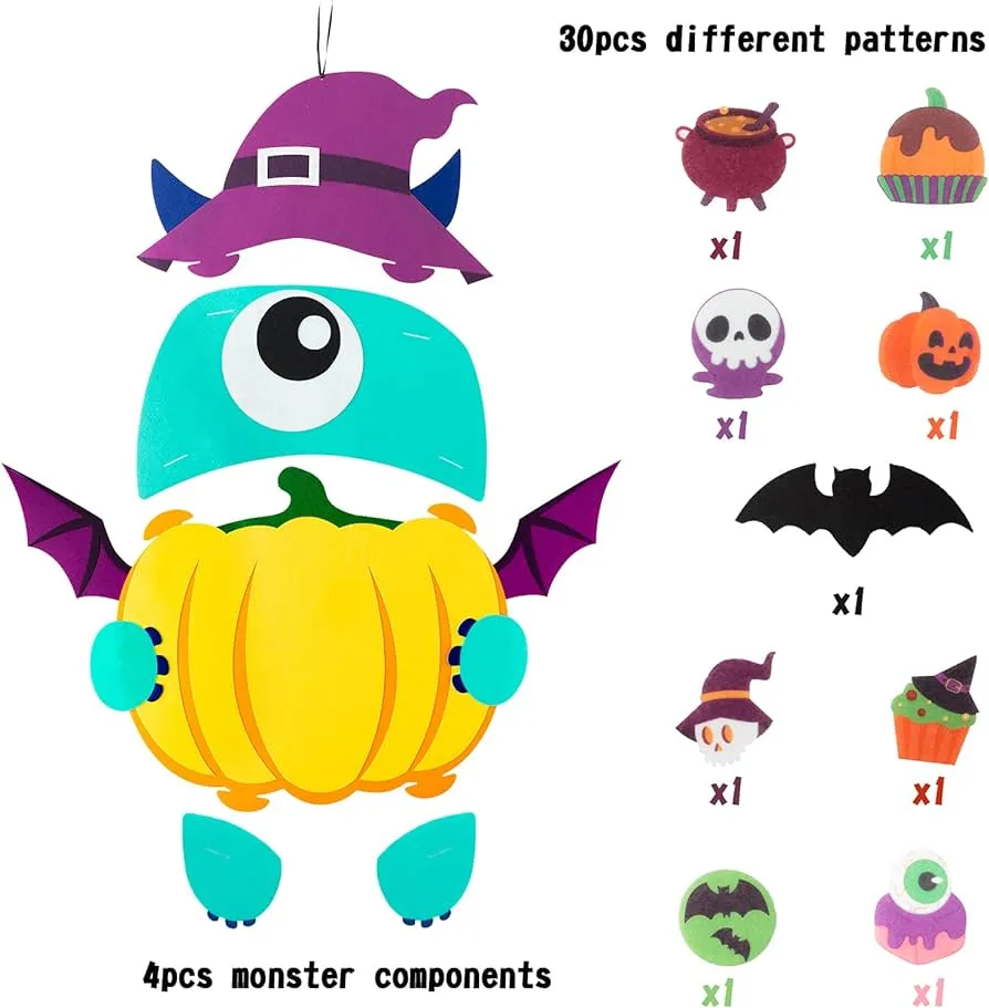 TICIAGA Kit de manualidades de fieltro para Halloween, con 30 patrones diferentes, adornos de fieltro kawaii para decoración de pared para puerta, decoración de fiesta temática de Halloween para niños, bruja, calabaza, TICIAGA Kit de manualidades de fieltro para Halloween, con 30 patrones diferentes, adornos de fieltro kawaii para decoración de pared para puerta, decoración de fiesta temática de Halloween para niños, bruja, calabaza,