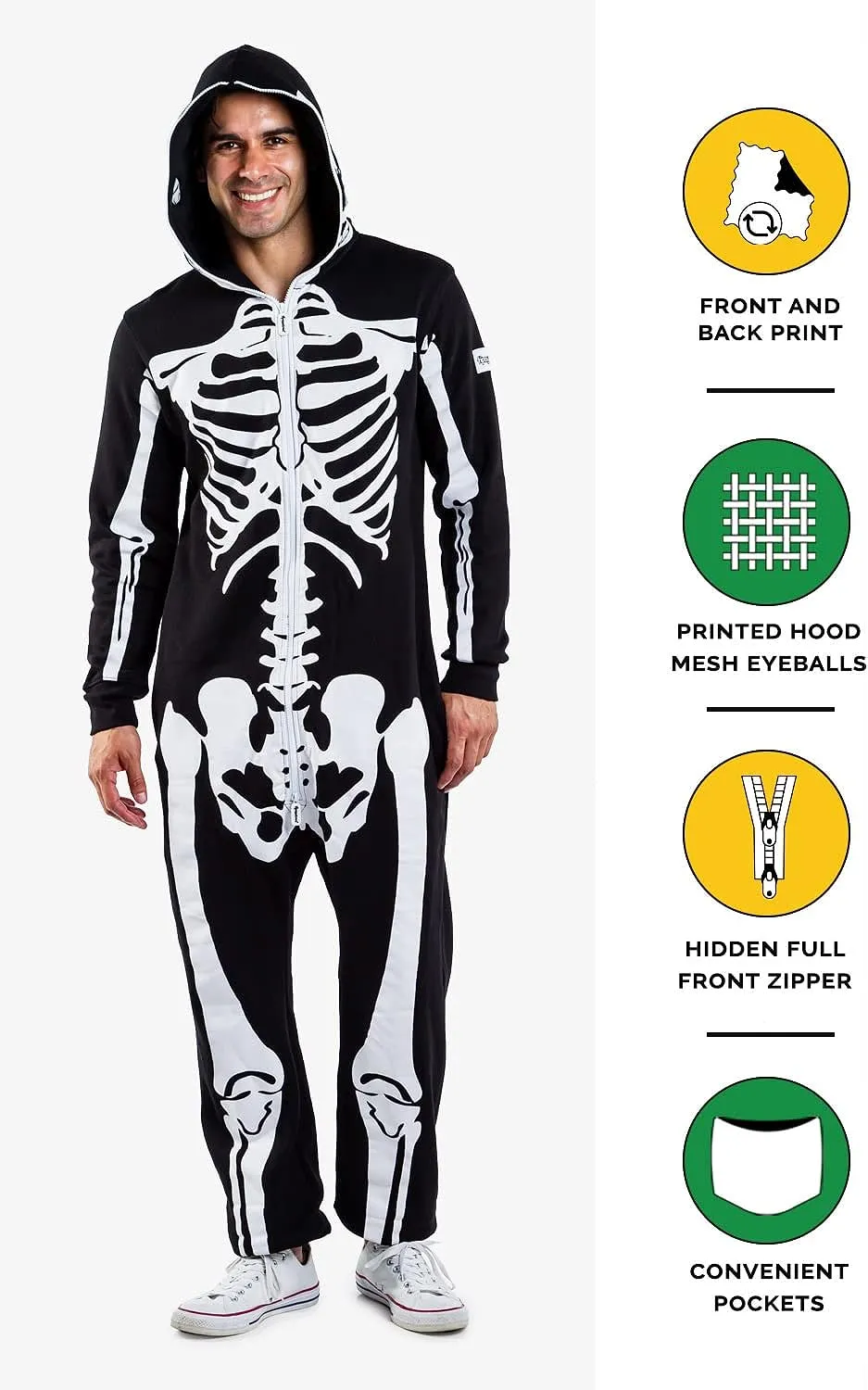 Tipsy Elves – Disfraz de esqueleto de Halloween con estampado al frente y atrás de huesos de esqueleto para hombre Colombia Tipsy Elves – Disfraz de esqueleto de Halloween con estampado al frente y atrás de huesos de esqueleto para hombre Colombia