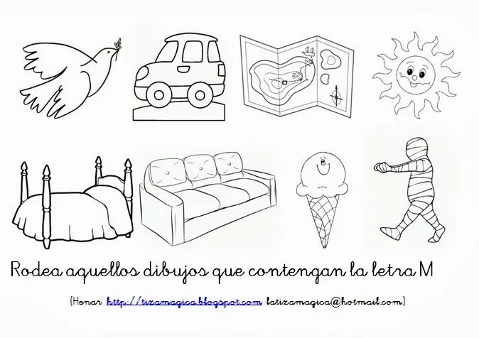 La tiza mágica: Rodea los dibujos que contienen la letra M La tiza mágica: Rodea los dibujos que contienen la letra M