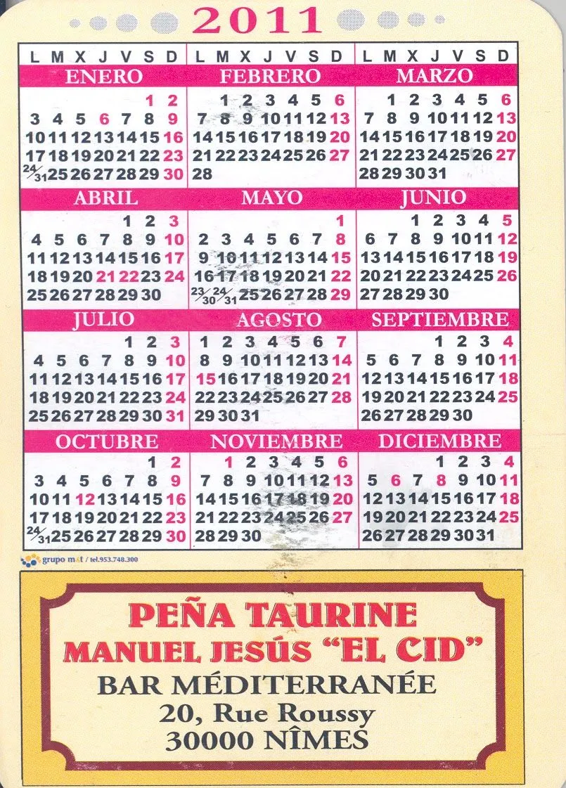 Del toro al infinito: NÎMES: CALENDARIO DE LA PEÑA TAURINE "MANUEL ... Del toro al infinito: NÎMES: CALENDARIO DE LA PEÑA TAURINE "MANUEL ...