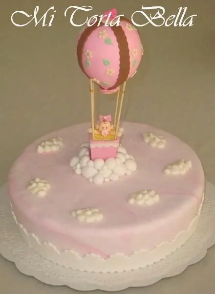 Torta para baby shower de niña con globo aerostático. | Tortas ...