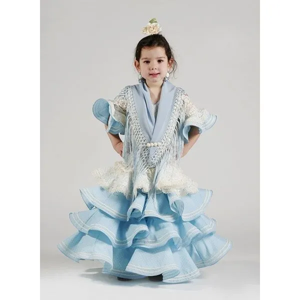 Trajes de flamenca niña 2016 Hinojo con toques beige y celeste