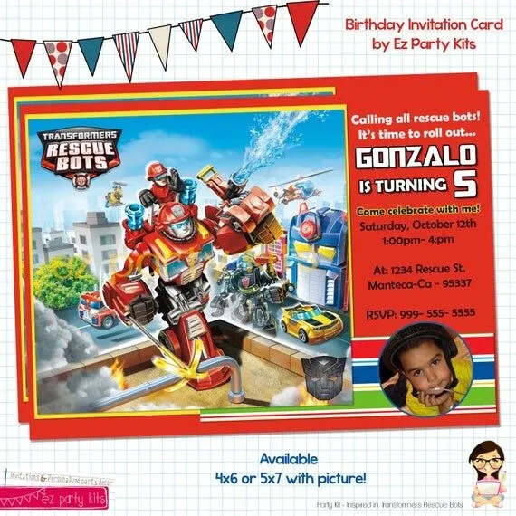 Transformers Rescue Bots Invitación Cumpleaños por EZPARTYKITS Transformers Rescue Bots Invitación Cumpleaños por EZPARTYKITS