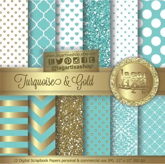 Turquesa Oro Papel Digital Chevron Trebol Dorado por LagartixaShop Turquesa Oro Papel Digital Chevron Trebol Dorado por LagartixaShop