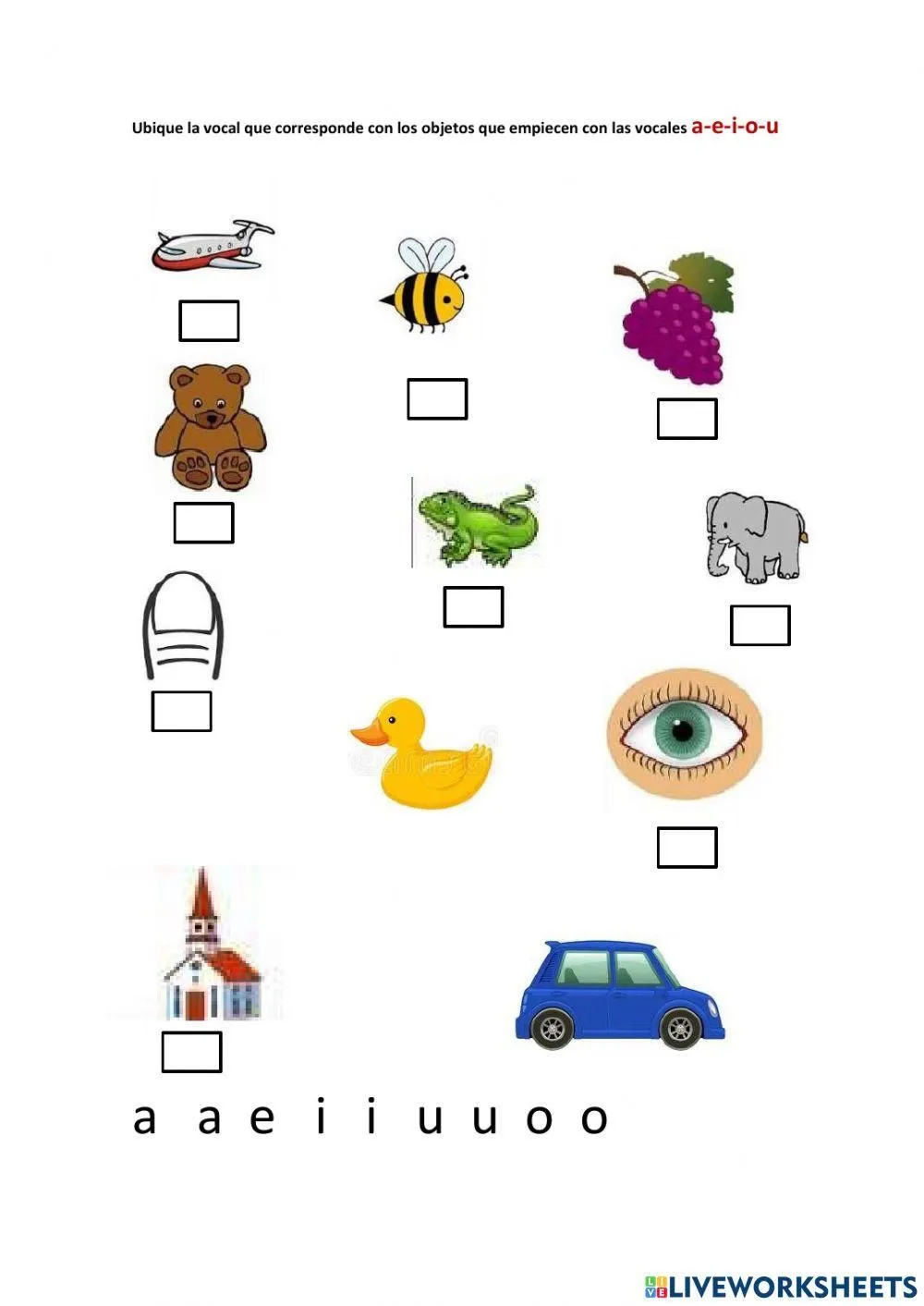 Ubicar las vocales con los objetos worksheet | Live Worksheets