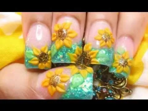 uñas decoradas de girasol - YouTube