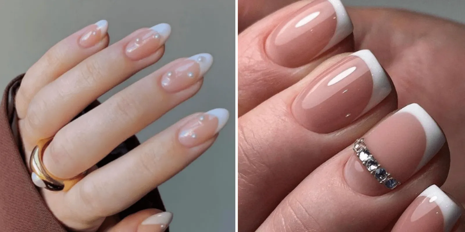 Uñas francesas blancas con piedras que derrochan glamour en otoño 2023 Uñas francesas blancas con piedras que derrochan glamour en otoño 2023