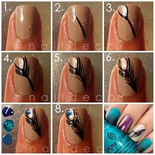 Uñas Nails. como dibujar una pluma en la uña, paso a paso ...