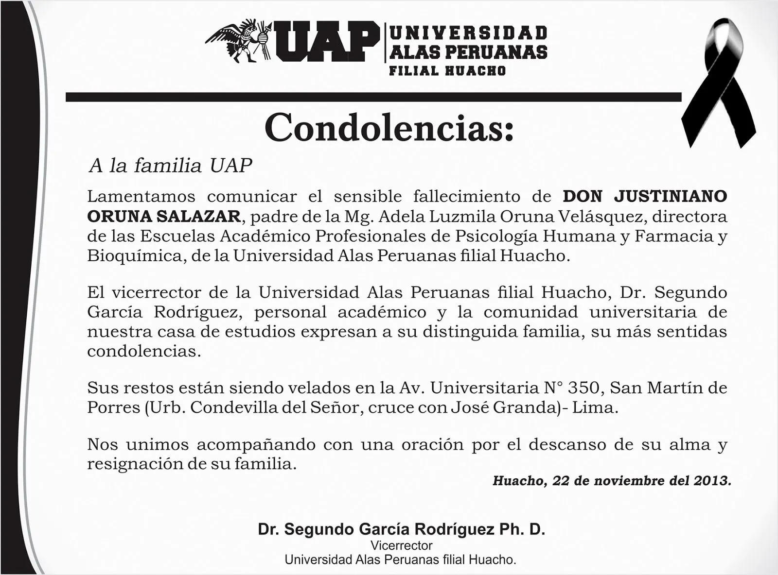 Universidad Alas Peruanas Filial Huacho: Condolencias por ... Universidad Alas Peruanas Filial Huacho: Condolencias por ...