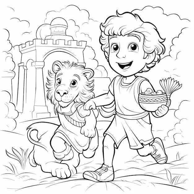 Vector, niños, lindo, colorear, caricatura, página, historia bíblica, daniel, en, el, foso de los leones, en, líneas simples | Vector Premium Vector, niños, lindo, colorear, caricatura, página, historia bíblica, daniel, en, el, foso de los leones, en, líneas simples | Vector Premium