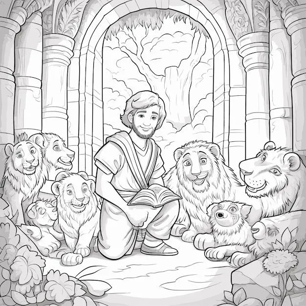 Vector, niños, lindo, colorear, caricatura, página, historia bíblica, daniel, en, el, foso de los leones, en, líneas simples | Vector Premium Vector, niños, lindo, colorear, caricatura, página, historia bíblica, daniel, en, el, foso de los leones, en, líneas simples | Vector Premium