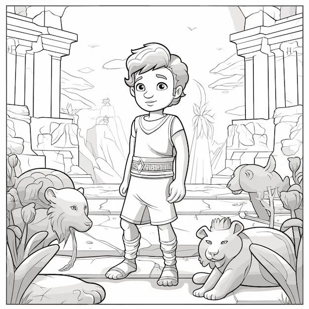 Vector, niños, lindo, colorear, caricatura, página, historia bíblica, daniel, en, el, foso de los leones, en, líneas simples | Vector Premium Vector, niños, lindo, colorear, caricatura, página, historia bíblica, daniel, en, el, foso de los leones, en, líneas simples | Vector Premium