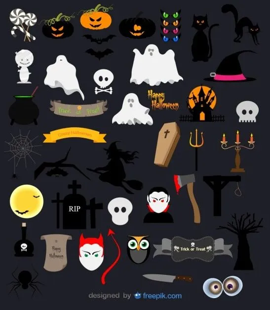 Vector de paquete de Halloween de calabaza, fantasmas, calaveras y ... Vector de paquete de Halloween de calabaza, fantasmas, calaveras y ...