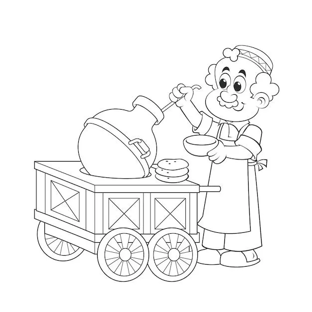 Vendedor junto a su beans cart ramadan para colorear actividad de página  para niños ilustración vectorial | Vector Premium