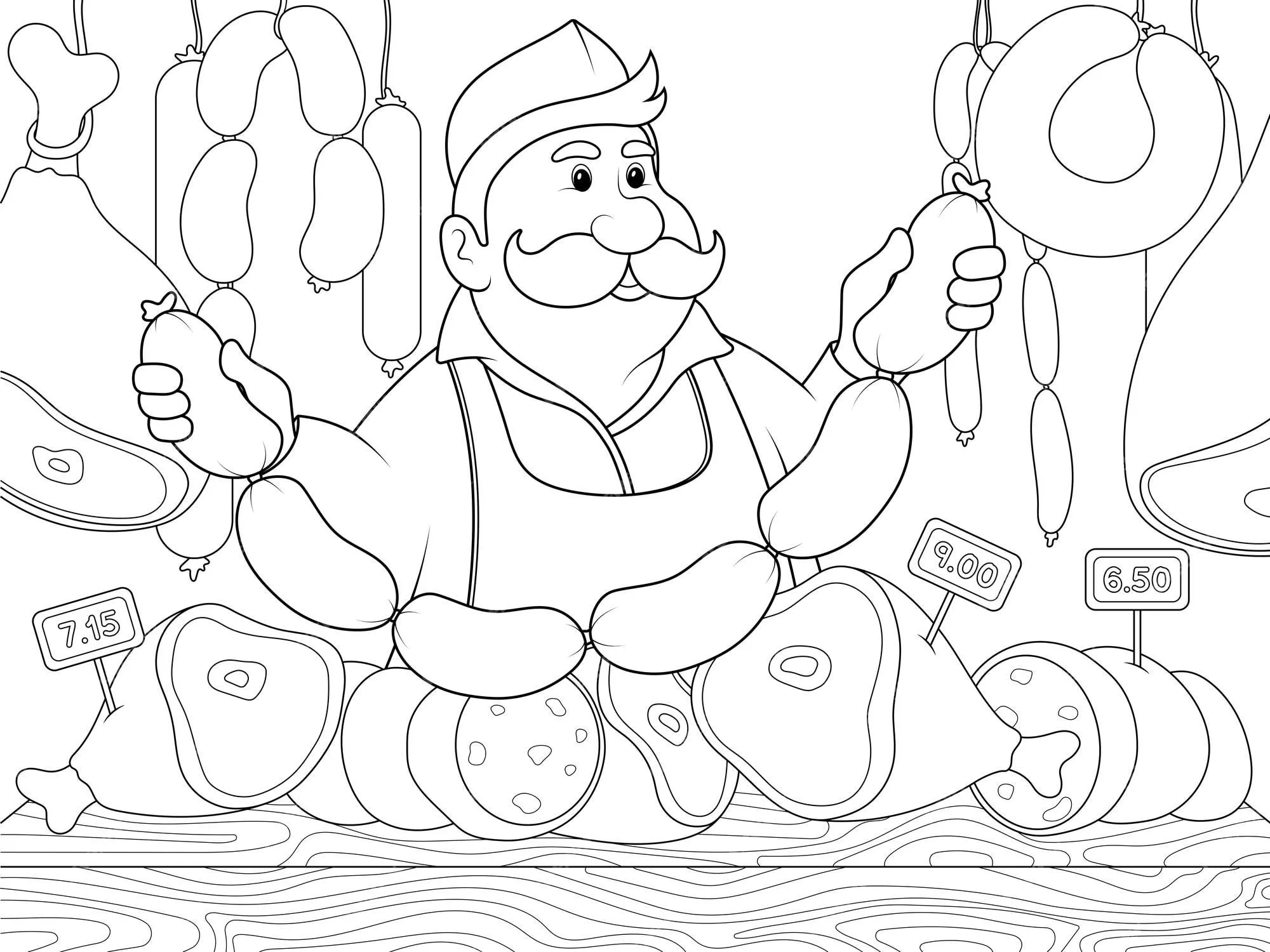 Vendedor carnicero vende salchichas niños para colorear ilustración vectorial del libro | Vector Premium Vendedor carnicero vende salchichas niños para colorear ilustración vectorial del libro | Vector Premium