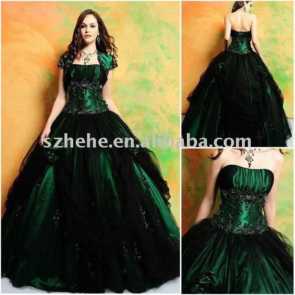 Verde vestido de quinceañera con puffy negro tulle de la falda de ...