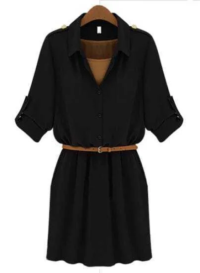 Vestido camisero gasa con cinturón-Negro-Spanish SheIn(Sheinside) Vestido camisero gasa con cinturón-Negro-Spanish SheIn(Sheinside)