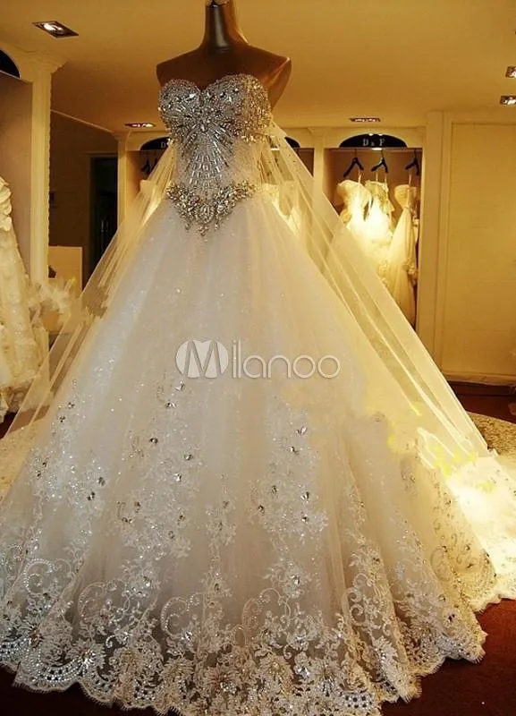 Vestido de novia de tul con escote en corazón y pedrería - Milanoo.com