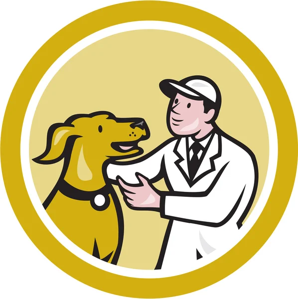 Veterinaria Veterinario de rodillas al lado de una mascota círculo ... Veterinaria Veterinario de rodillas al lado de una mascota círculo ...