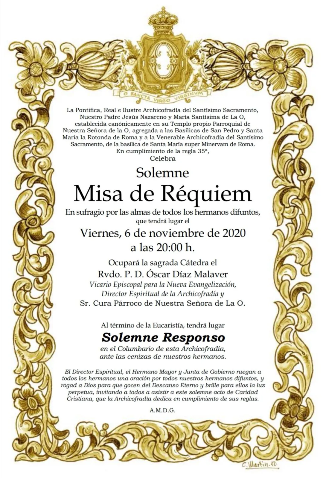El próximo viernes 6 de noviembre de 2020, Solemne Misa de Réquiem por Nuestros Hermanos Difuntos | Hermandad de la O