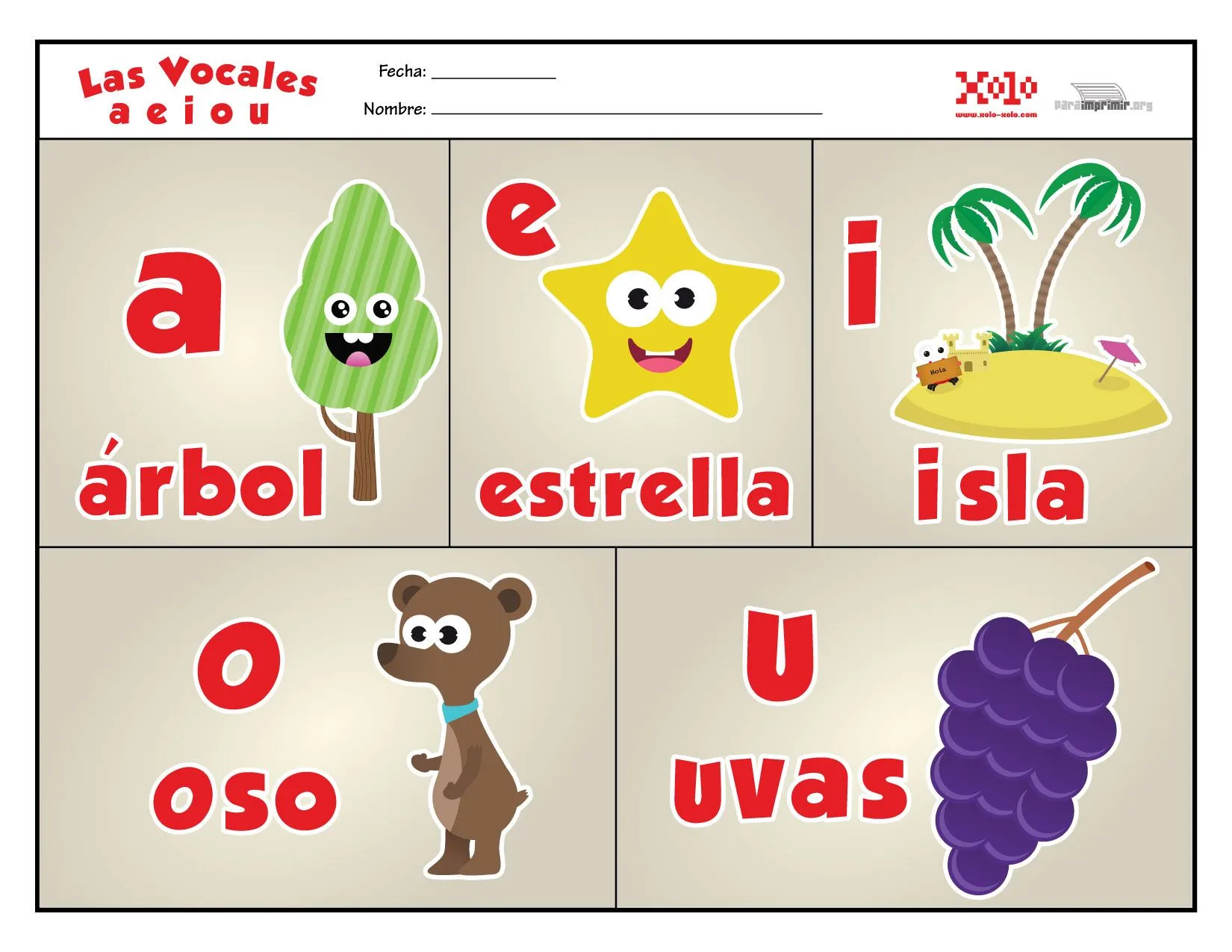 Vocales de colores para imprimir