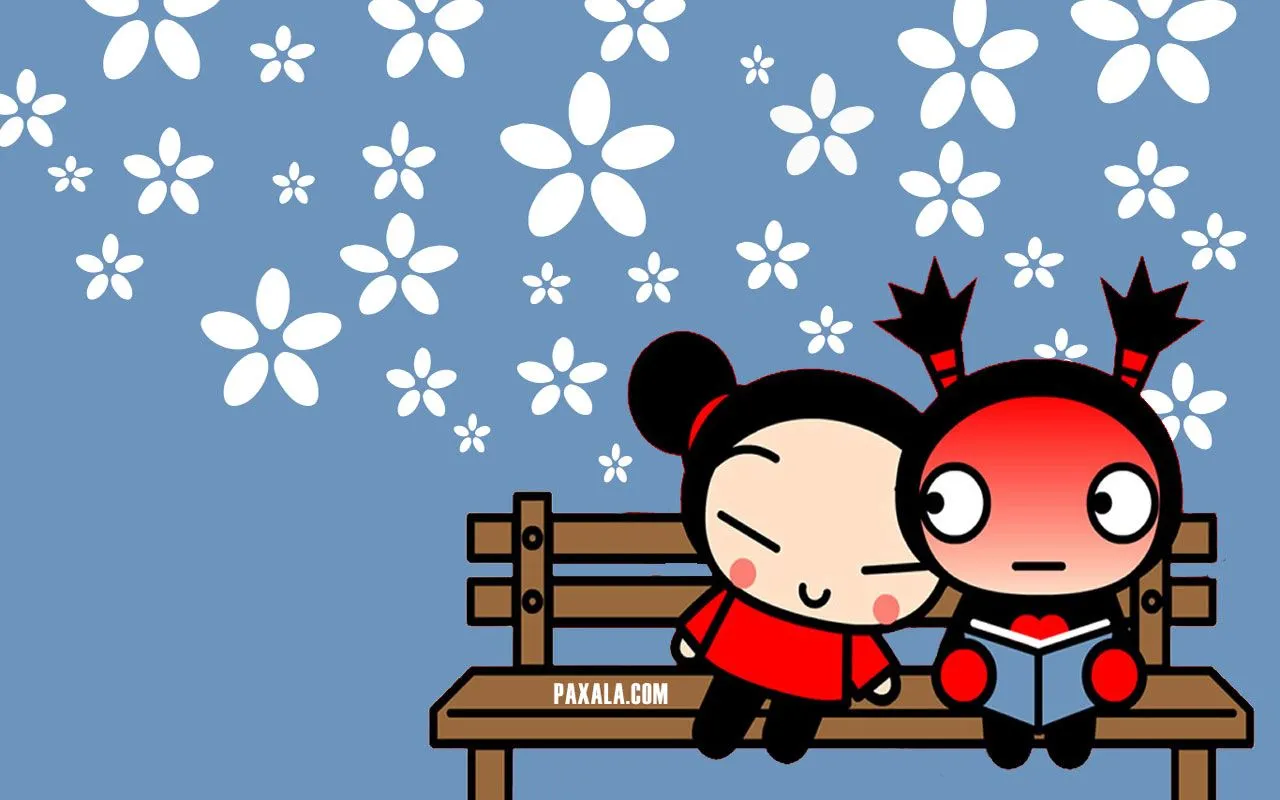 Wallpaper: Pucca y Garu con Flores en Fondo Azul Wallpaper: Pucca y Garu con Flores en Fondo Azul