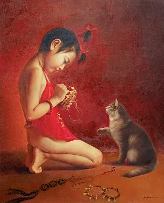 Wang Shuqin. Niña y gato.
