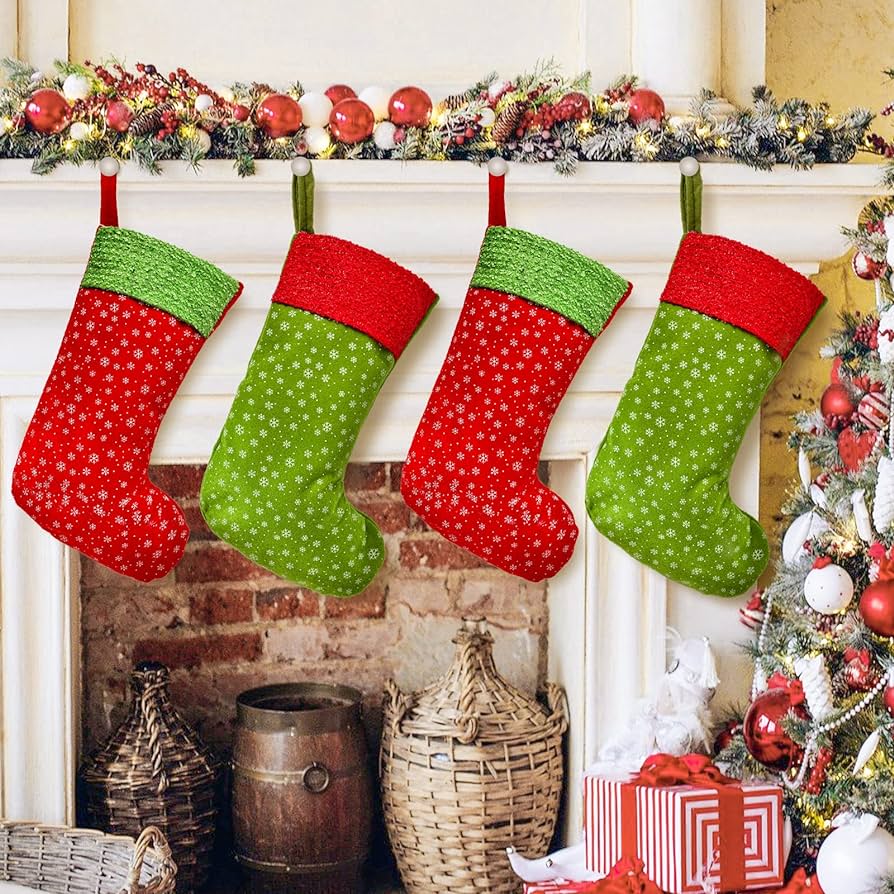 Whaline Paquete de 4 calcetines de Navidad de 18 pulgadas, color rojo y verde, con bolsa Whaline Paquete de 4 calcetines de Navidad de 18 pulgadas, color rojo y verde, con bolsa
