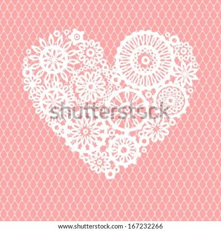 White crochet lace flowers heart on pink mesh romantic greeting ... White crochet lace flowers heart on pink mesh romantic greeting ...