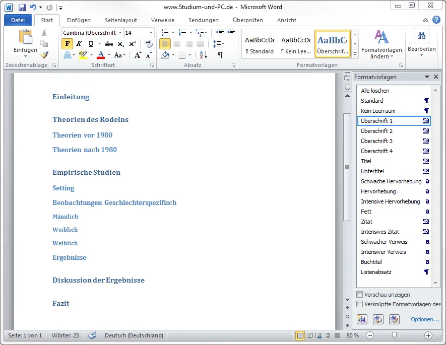 Word 2010 Formatvorlagen