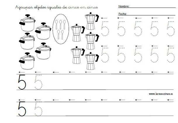 www.lectoescritura.es. Fichas de números. Ficha del número cinco ...