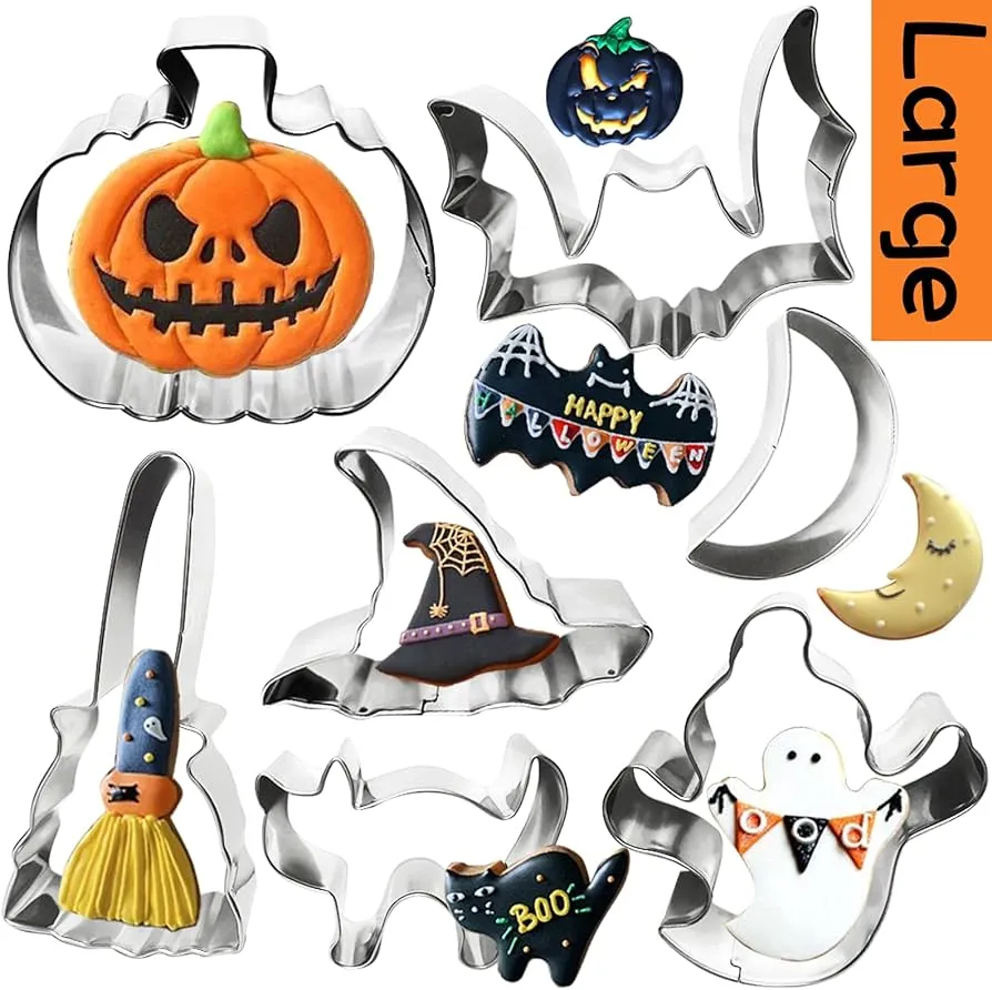 XGiGiX Juego de cortadores de galletas de Halloween – 7 piezas de moldes grandes de acero inoxidable XGiGiX Juego de cortadores de galletas de Halloween – 7 piezas de moldes grandes de acero inoxidable